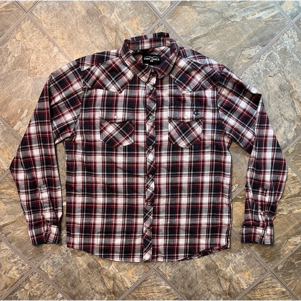 Cody James FR Flannel Shirt Mens XL Burgundy Plaid Snap Western Work